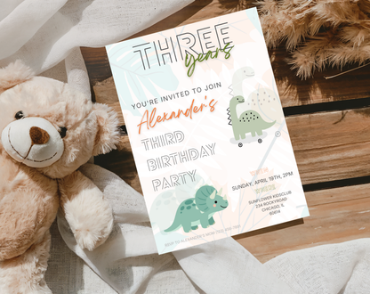 Dinosaur Third Birthday Invitation Template | Editable Canva Template | 5x7in & WhatsApp | Digital Download