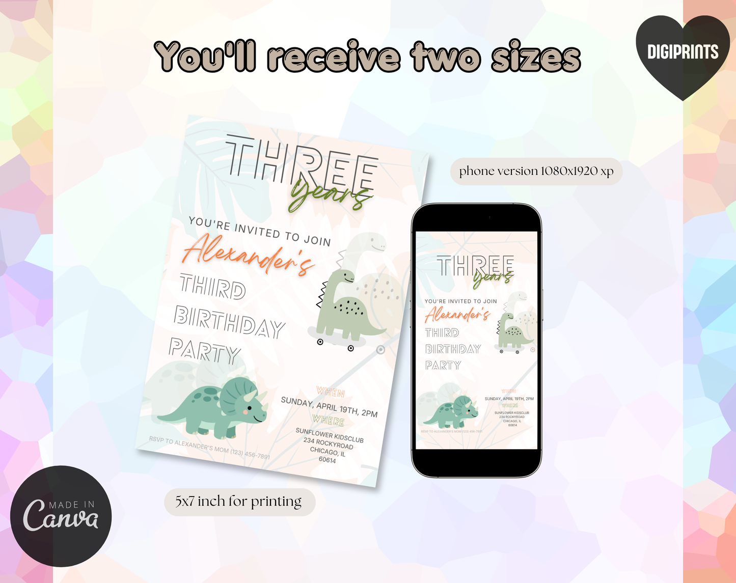 Dinosaur Third Birthday Invitation Template | Editable Canva Template | 5x7in & WhatsApp | Digital Download