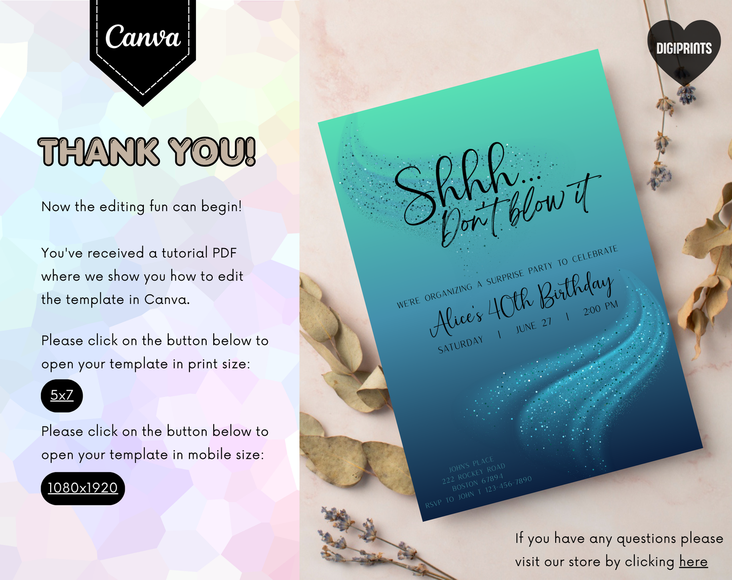 Surprise 40th Birthday Invitation Template Teal Blue | Editable Canva Template | 5x7in & WhatsApp | Digital Download