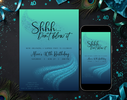 Surprise 40th Birthday Invitation Template Teal Blue | Editable Canva Template | 5x7in & WhatsApp | Digital Download