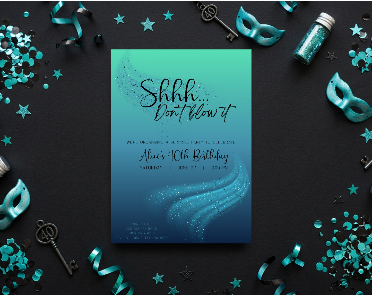 Surprise 40th Birthday Invitation Template Teal Blue | Editable Canva Template | 5x7in & WhatsApp | Digital Download