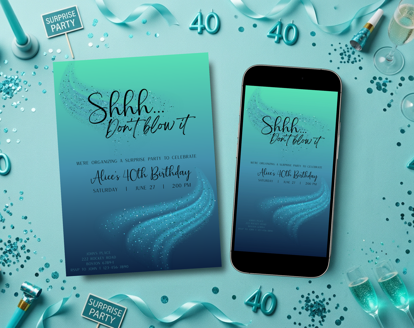 Surprise 40th Birthday Invitation Template Teal Blue | Editable Canva Template | 5x7in & WhatsApp | Digital Download