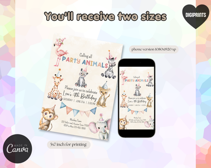 Party Animals Fourth Birthday Invitation Template Beige | Editable Canva Template | 5x7in & WhatsApp | Digital Download