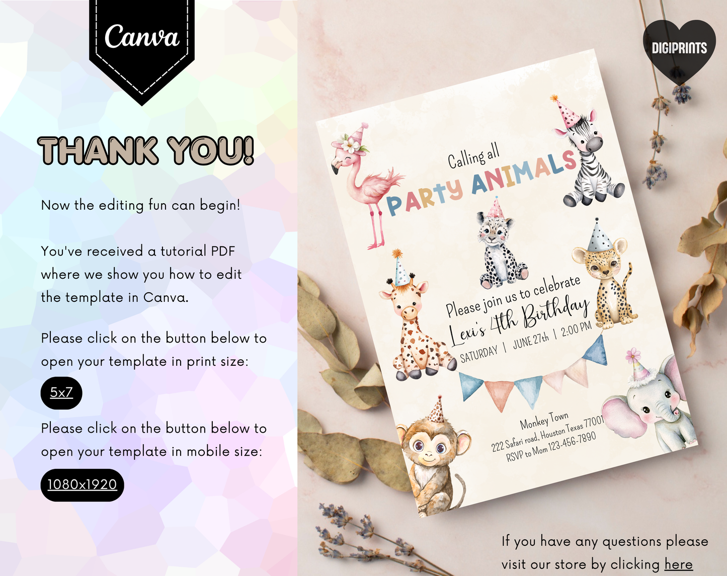 Party Animals Fourth Birthday Invitation Template Beige | Editable Canva Template | 5x7in & WhatsApp | Digital Download