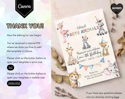 Party Animals Fourth Birthday Invitation Template Beige | Editable Canva Template | 5x7in & WhatsApp | Digital Download