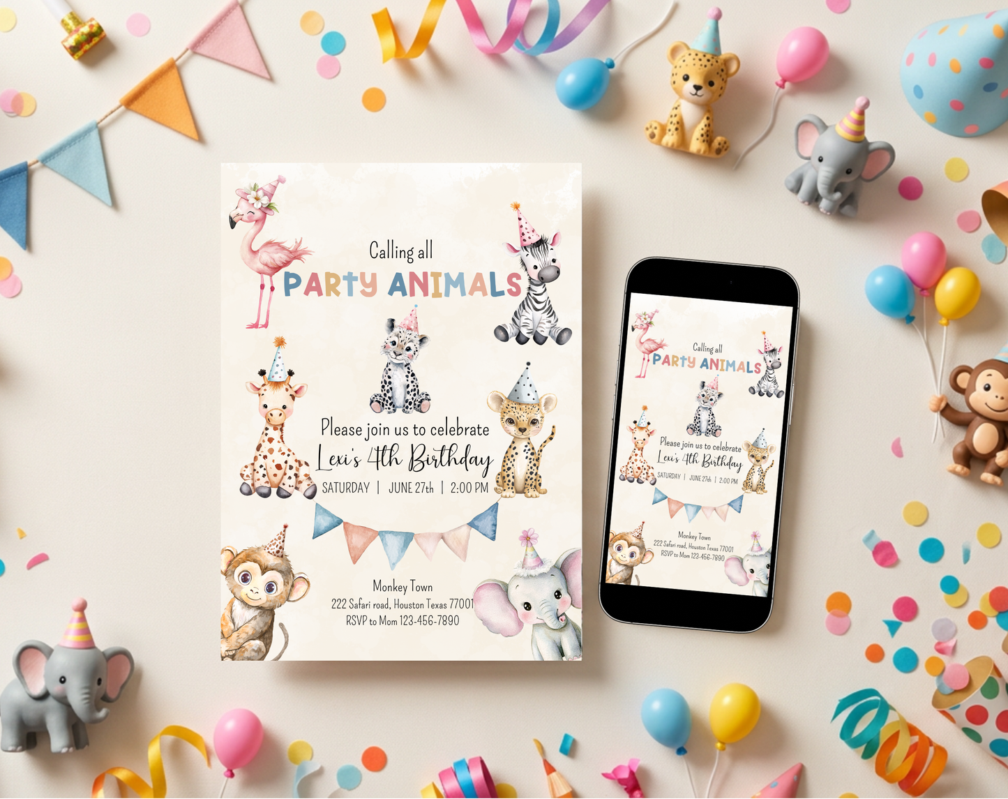 Party Animals Fourth Birthday Invitation Template Beige | Editable Canva Template | 5x7in & WhatsApp | Digital Download