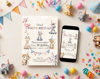 Party Animals Fourth Birthday Invitation Template Beige | Editable Canva Template | 5x7in & WhatsApp | Digital Download