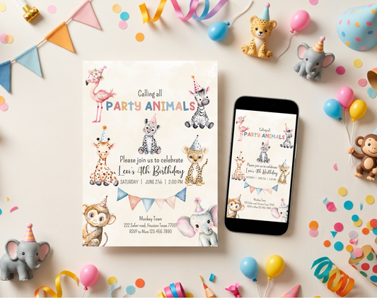 Party Animals Fourth Birthday Invitation Template Beige | Editable Canva Template | 5x7in & WhatsApp | Digital Download