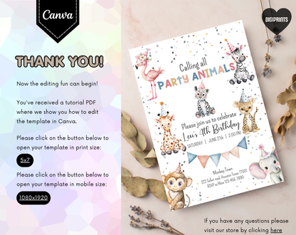 Party Animals Fourth Birthday Invitation Template | Editable Canva Template | 5x7in & WhatsApp | Digital Download