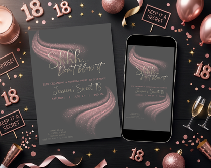 Surprise Sweet 18 Birthday Invitation Template Grey Pink | Editable Canva Template | 5x7in & WhatsApp | Digital Download
