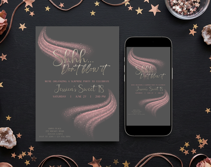 Surprise Sweet 18 Birthday Invitation Template Grey Pink | Editable Canva Template | 5x7in & WhatsApp | Digital Download