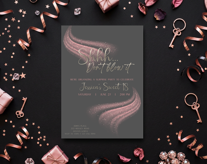 Surprise Sweet 18 Birthday Invitation Template Grey Pink | Editable Canva Template | 5x7in & WhatsApp | Digital Download