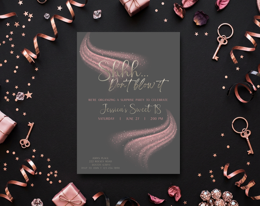 Surprise Sweet 18 Birthday Invitation Template Grey Pink | Editable Canva Template | 5x7in & WhatsApp | Digital Download