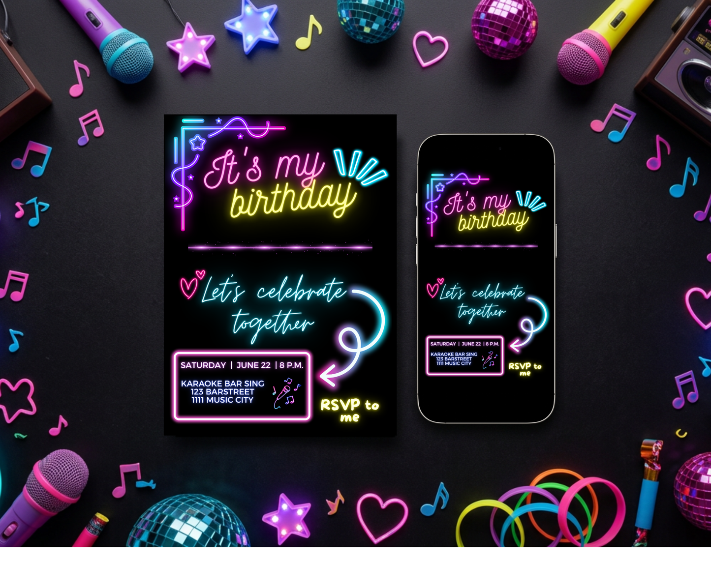 Karaoke Birthday Party Invitation Template | Editable Canva Template | 5x7in & WhatsApp | Digital Download