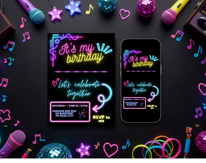 Karaoke Birthday Party Invitation Template | Editable Canva Template | 5x7in & WhatsApp | Digital Download