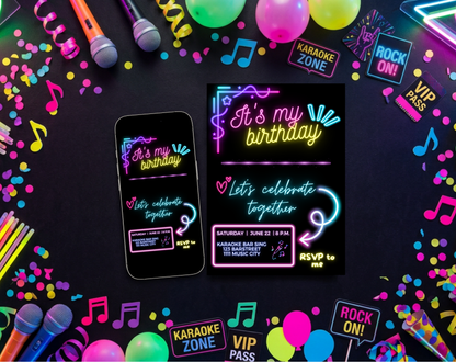 Karaoke Birthday Party Invitation Template | Editable Canva Template | 5x7in & WhatsApp | Digital Download