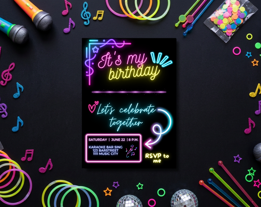 Karaoke Birthday Party Invitation Template | Editable Canva Template | 5x7in & WhatsApp | Digital Download