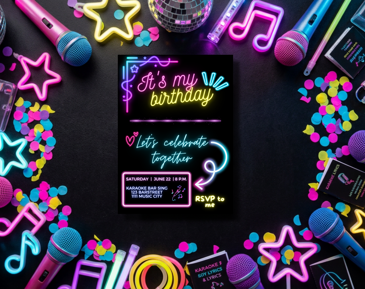 Karaoke Birthday Party Invitation Template | Editable Canva Template | 5x7in & WhatsApp | Digital Download