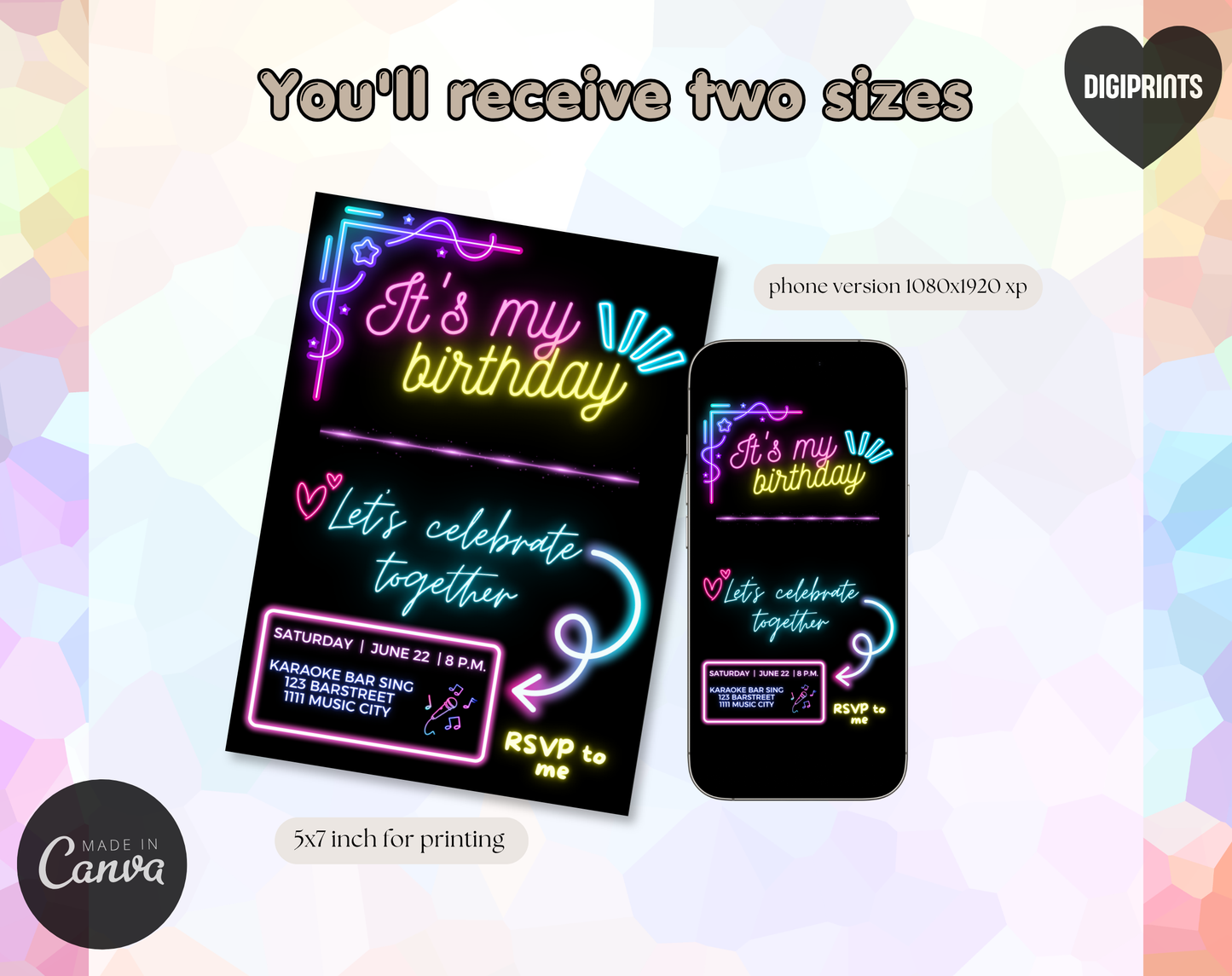 Karaoke Birthday Party Invitation Template | Editable Canva Template | 5x7in & WhatsApp | Digital Download