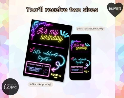 Karaoke Birthday Party Invitation Template | Editable Canva Template | 5x7in & WhatsApp | Digital Download
