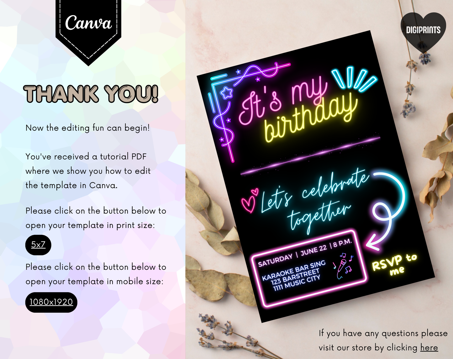 Karaoke Birthday Party Invitation Template | Editable Canva Template | 5x7in & WhatsApp | Digital Download