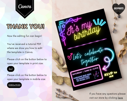 Karaoke Birthday Party Invitation Template | Editable Canva Template | 5x7in & WhatsApp | Digital Download