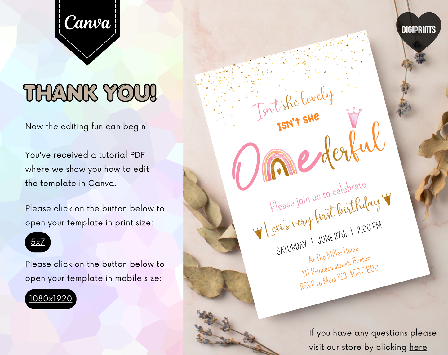 ONEderful First Birthday Invitation Template | Editable Canva Template | 5x7in & WhatsApp | Digital Download