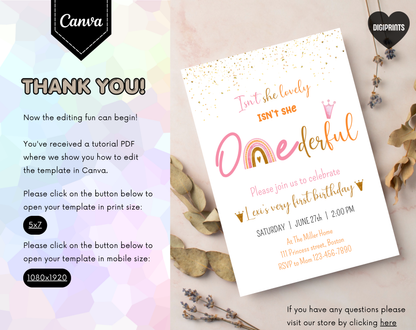 ONEderful First Birthday Invitation Template | Editable Canva Template | 5x7in & WhatsApp | Digital Download