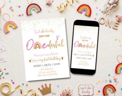 ONEderful First Birthday Invitation Template | Editable Canva Template | 5x7in & WhatsApp | Digital Download
