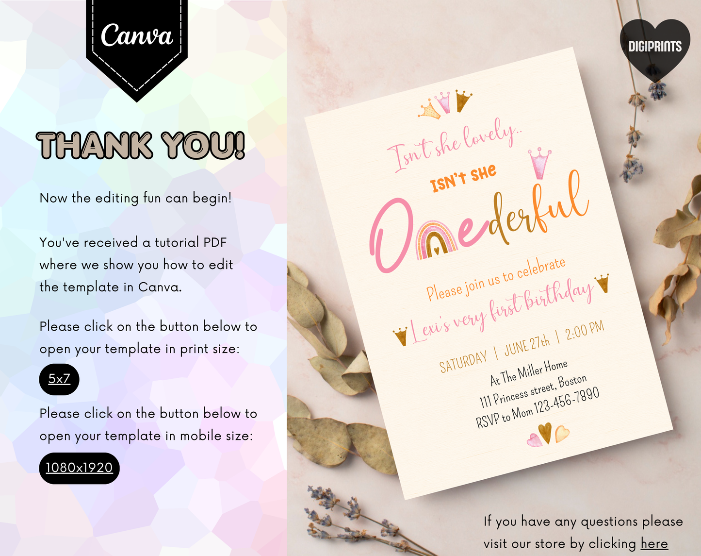 ONEderful First Birthday Invitation Template Cream | Editable Canva Template | 5x7in & WhatsApp | Digital Download
