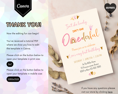ONEderful First Birthday Invitation Template Cream | Editable Canva Template | 5x7in & WhatsApp | Digital Download