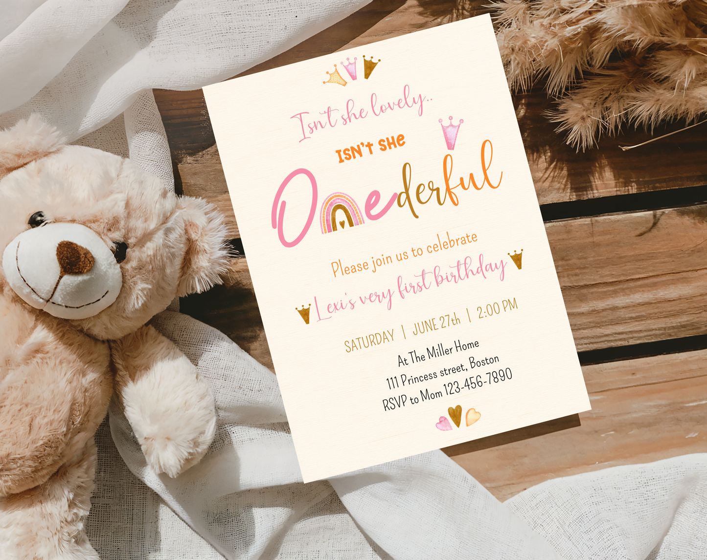 ONEderful First Birthday Invitation Template Cream | Editable Canva Template | 5x7in & WhatsApp | Digital Download
