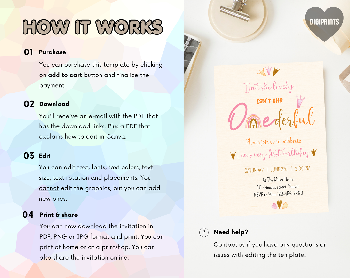 ONEderful First Birthday Invitation Template Cream | Editable Canva Template | 5x7in & WhatsApp | Digital Download