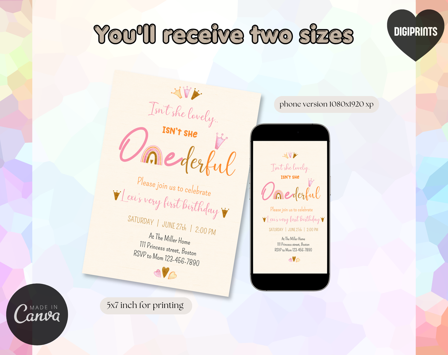 ONEderful First Birthday Invitation Template Cream | Editable Canva Template | 5x7in & WhatsApp | Digital Download