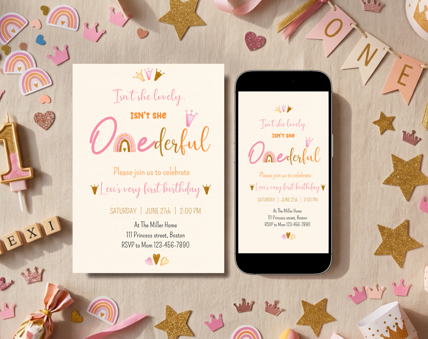 ONEderful First Birthday Invitation Template Cream | Editable Canva Template | 5x7in & WhatsApp | Digital Download
