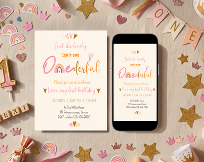 ONEderful First Birthday Invitation Template Cream | Editable Canva Template | 5x7in & WhatsApp | Digital Download