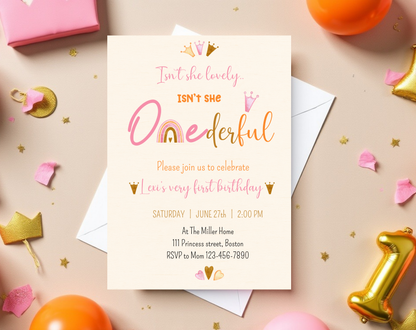 ONEderful First Birthday Invitation Template Cream | Editable Canva Template | 5x7in & WhatsApp | Digital Download