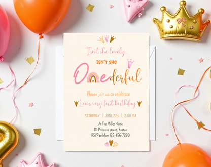 ONEderful First Birthday Invitation Template Cream | Editable Canva Template | 5x7in & WhatsApp | Digital Download