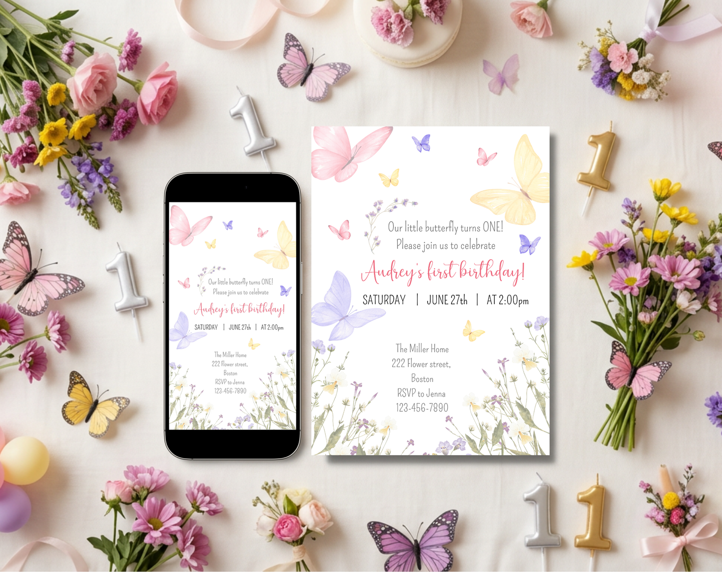 Butterfly First Birthday Invitation Template | Editable Canva Template | 5x7in & WhatsApp | Digital Download