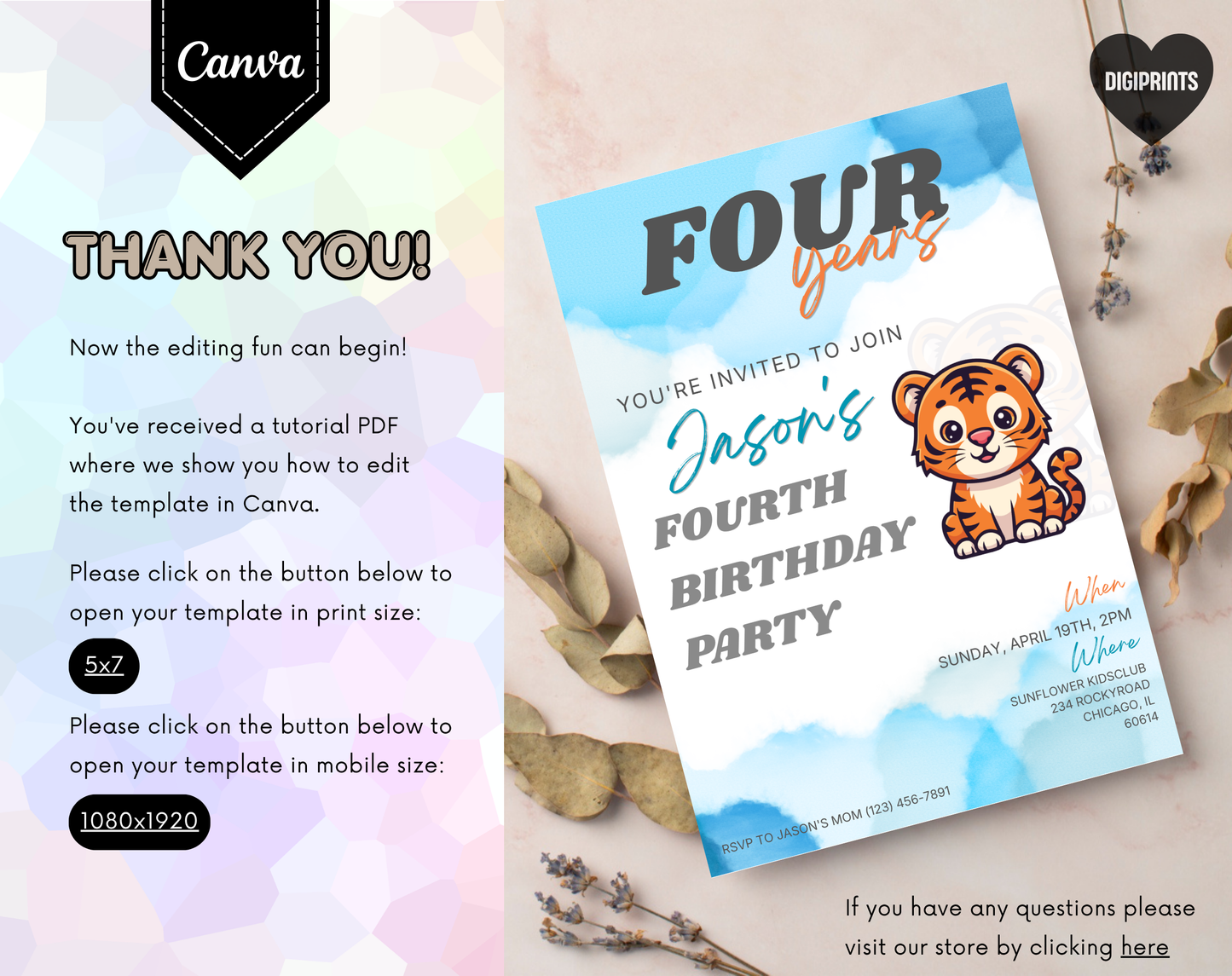 Tiger Fourth Birthday Invitation Template | Editable Canva Template | 5x7in & WhatsApp | Digital Download