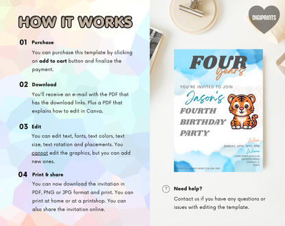Tiger Fourth Birthday Invitation Template | Editable Canva Template | 5x7in & WhatsApp | Digital Download
