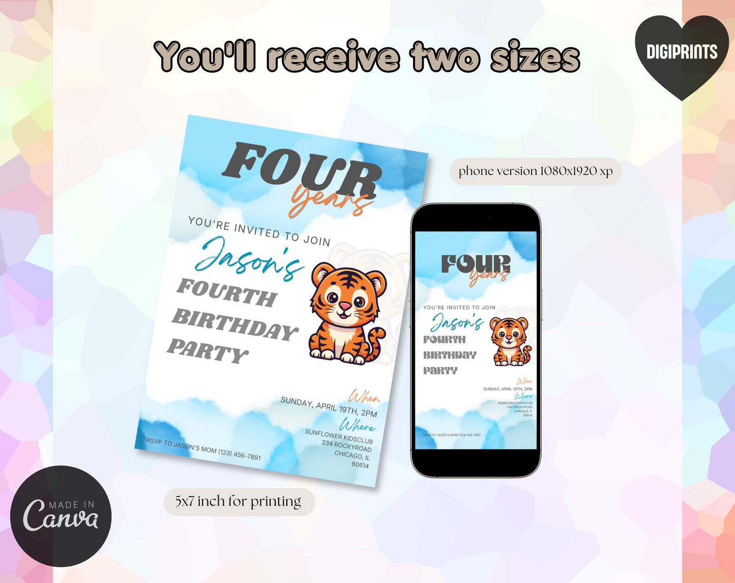 Tiger Fourth Birthday Invitation Template | Editable Canva Template | 5x7in & WhatsApp | Digital Download