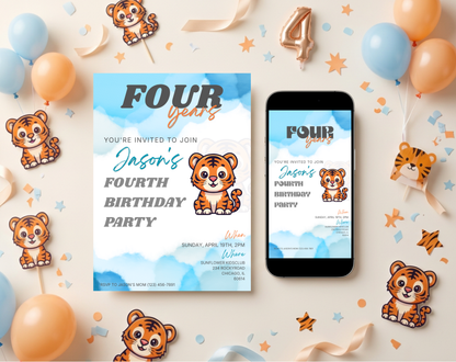 Tiger Fourth Birthday Invitation Template | Editable Canva Template | 5x7in & WhatsApp | Digital Download