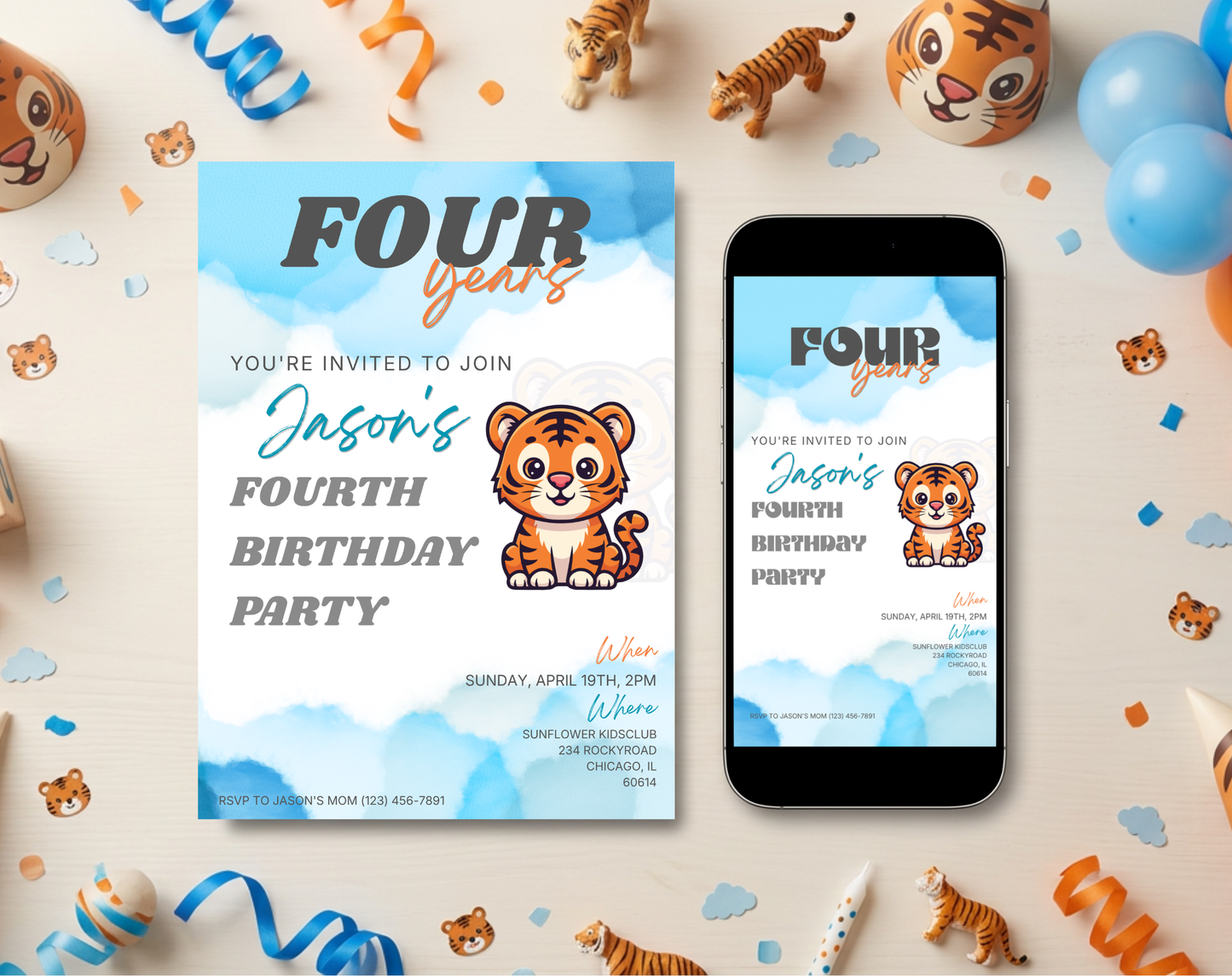 Tiger Fourth Birthday Invitation Template | Editable Canva Template | 5x7in & WhatsApp | Digital Download