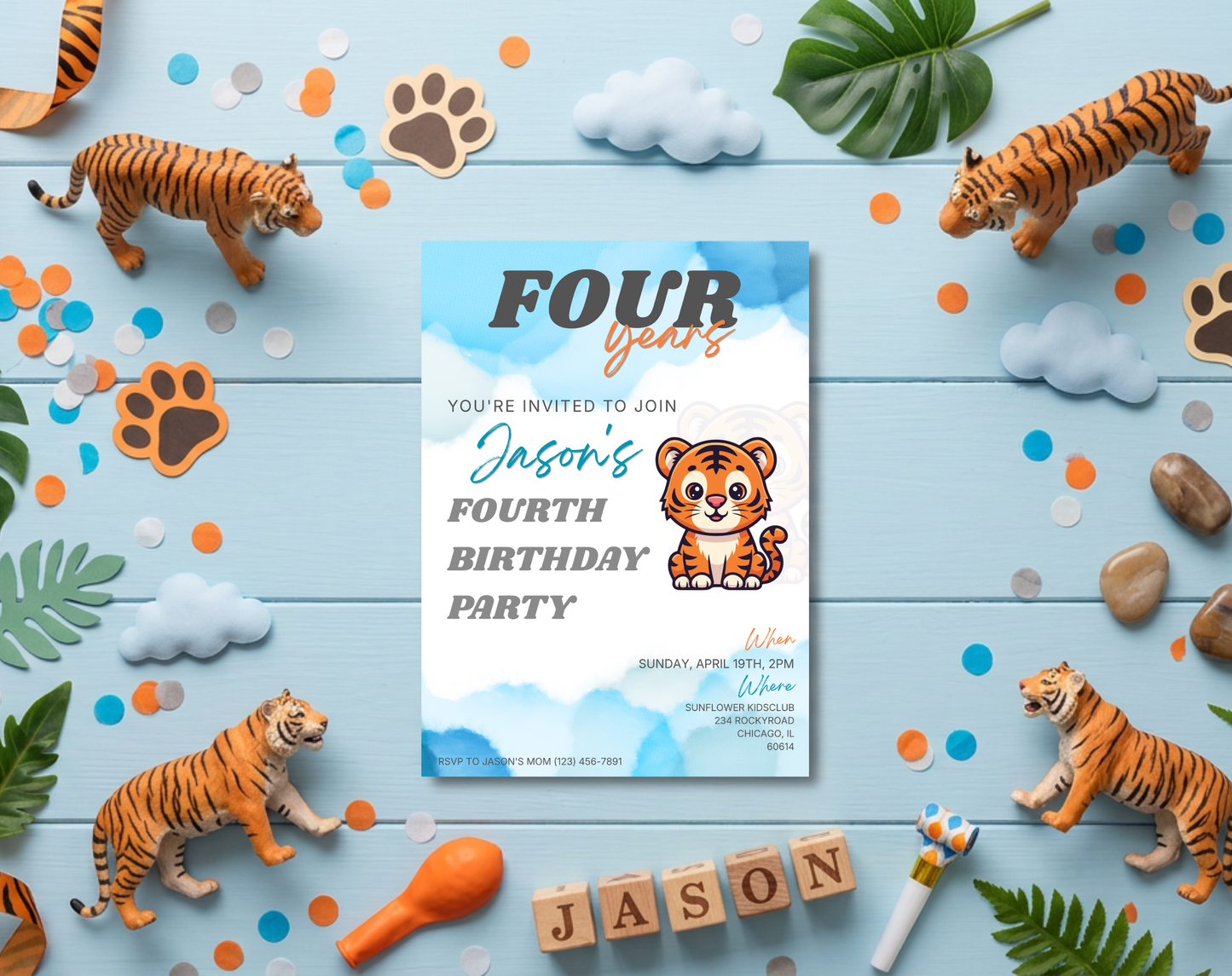 Tiger Fourth Birthday Invitation Template | Editable Canva Template | 5x7in & WhatsApp | Digital Download