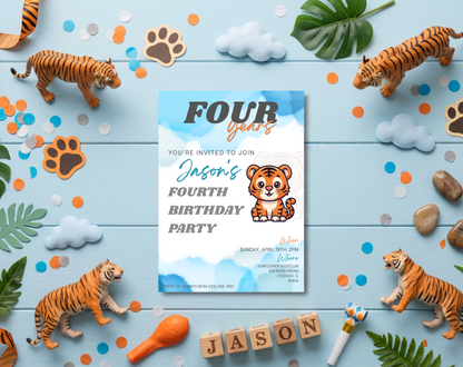 Tiger Fourth Birthday Invitation Template | Editable Canva Template | 5x7in & WhatsApp | Digital Download