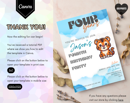 Tiger Fourth Birthday Invitation Template | Editable Canva Template | 5x7in & WhatsApp | Digital Download