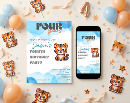 Tiger Fourth Birthday Invitation Template | Editable Canva Template | 5x7in & WhatsApp | Digital Download