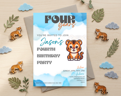 Tiger Fourth Birthday Invitation Template | Editable Canva Template | 5x7in & WhatsApp | Digital Download