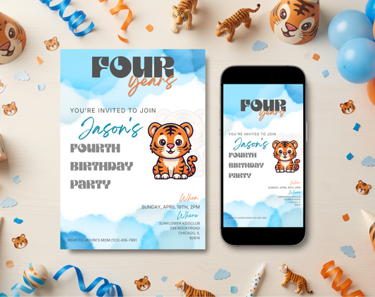 Tiger Fourth Birthday Invitation Template | Editable Canva Template | 5x7in & WhatsApp | Digital Download